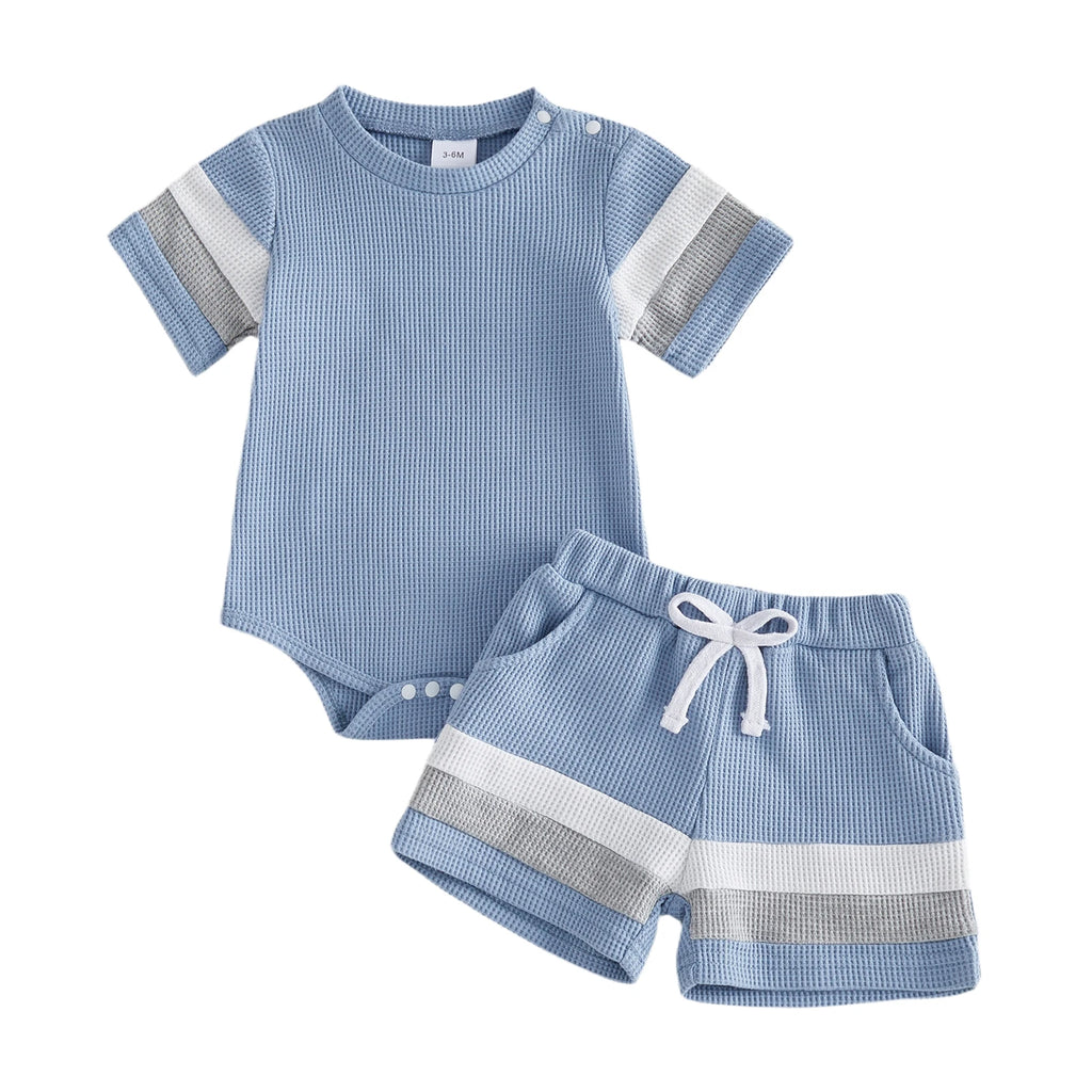Lioraitiin Baby Boys Sets Fashionable Stripe Trim Short Sleeve Romper