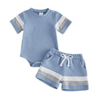 Lioraitiin Baby Boys Sets Fashionable Stripe Trim Short Sleeve Romper