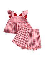 Lioraitiin Toddler Baby Girl Outfit Strawberry Embroidered Plaid Bows