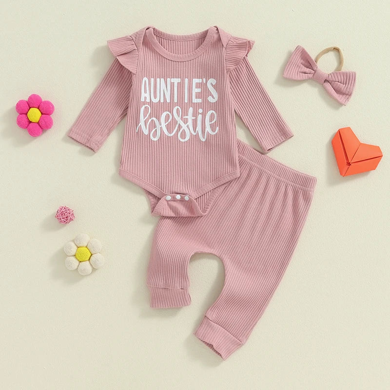 Lioraitiin Baby Girls Ribbed Set Letter Print Long Sleeve Round Neck