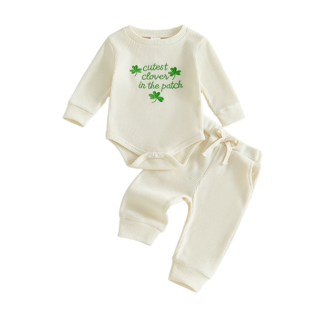 Lioraitiin Baby Girls Outfits Long Sleeve Shamrock Embroidery Romper