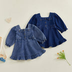 Lioraitiin Toddler Baby Girl Denim Dress Long Puff Sleeve Button Down