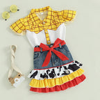 Lioraitiin Girls Outfits Plaid Print Fly Sleeve Shirts Cow Pattern