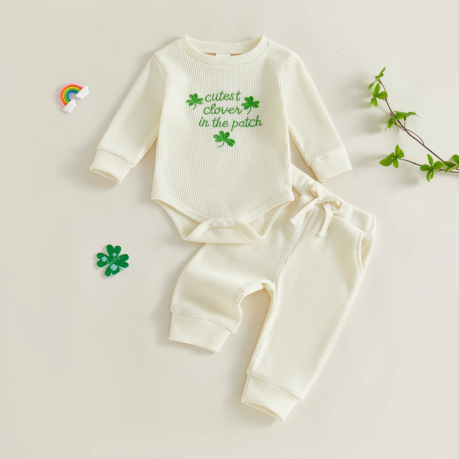 Lioraitiin Baby Girls Outfits Long Sleeve Shamrock Embroidery Romper