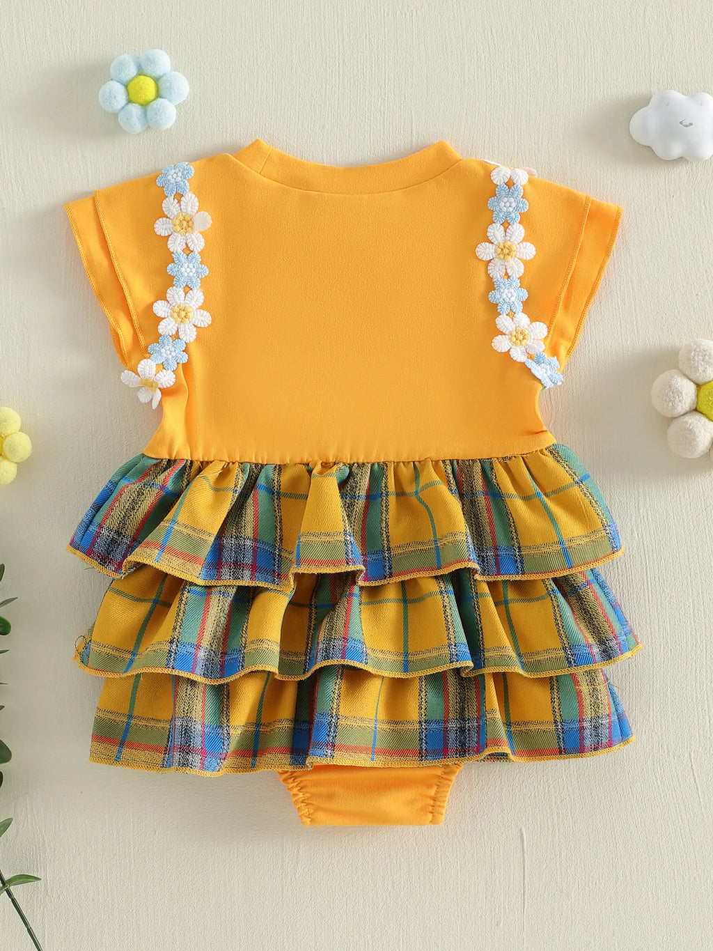Lioraitiin Baby Girls Rompers Floral Embroidery Plaid Ruffles Skirt