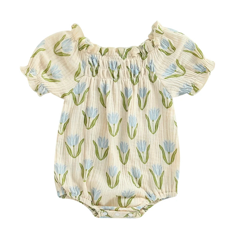 Lioraitiin 0-24M Infant Baby Girls Bodysuit Flower Print Short Puff