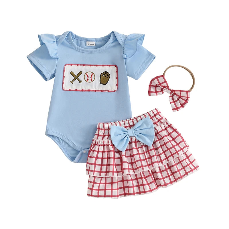 Lioraitiin Baby Girl Outfits Short Sleeve Baseball Embroidery Romper