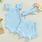 Lioraitiin 0-18M Toddler Girls 3Pcs Fly Sleeve Solid Romper Tops