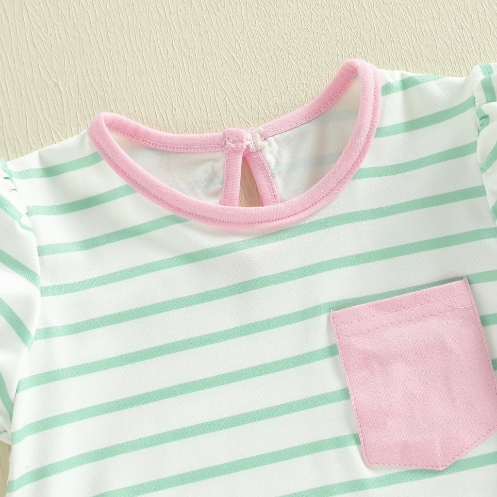 Lioraitiin Baby Girl Striped Romper Ruffle Trim Short Sleeve Crewneck