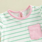 Lioraitiin Baby Girl Striped Romper Ruffle Trim Short Sleeve Crewneck
