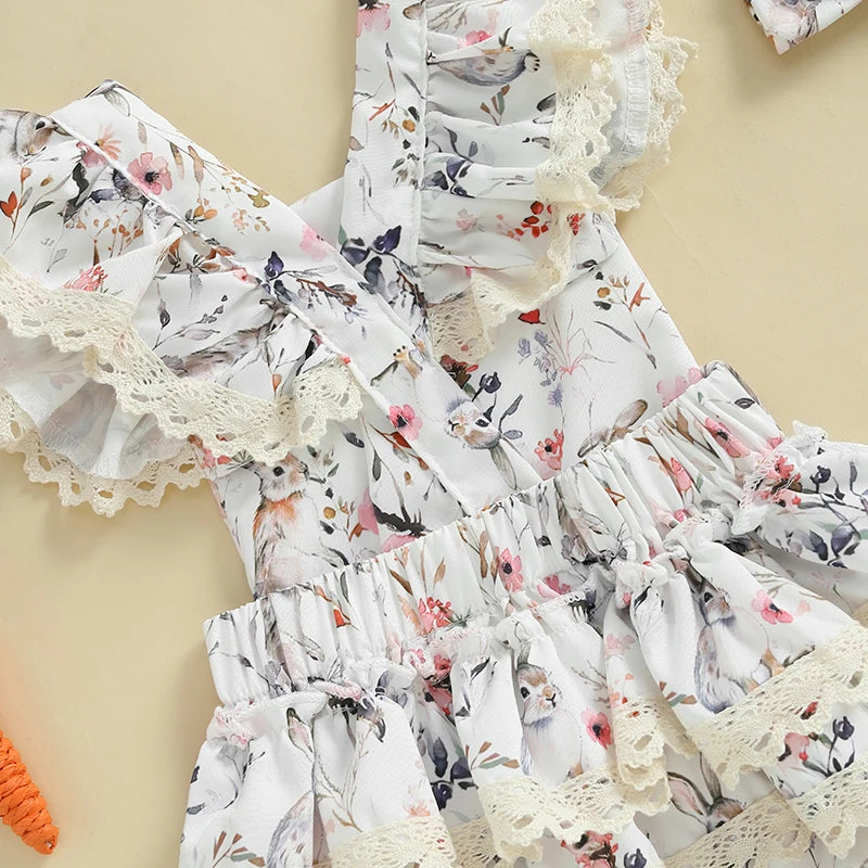 Lioraitiin Baby Girls Easter Outfits Flower Bunny Print Lace Trim