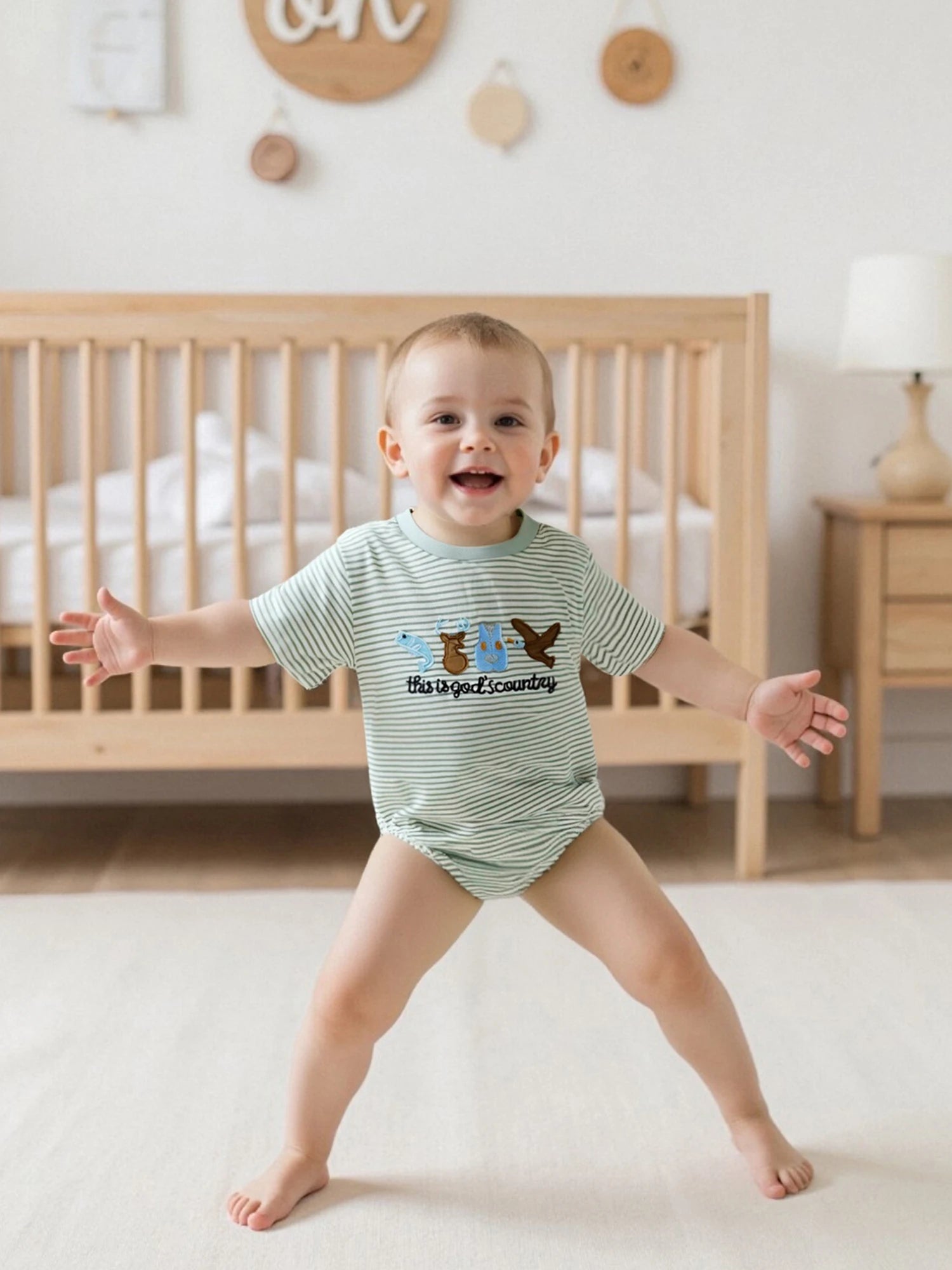 Lioraitiin Baby Boys Rompers Letter Animals Embroidery Stripe O-Neck