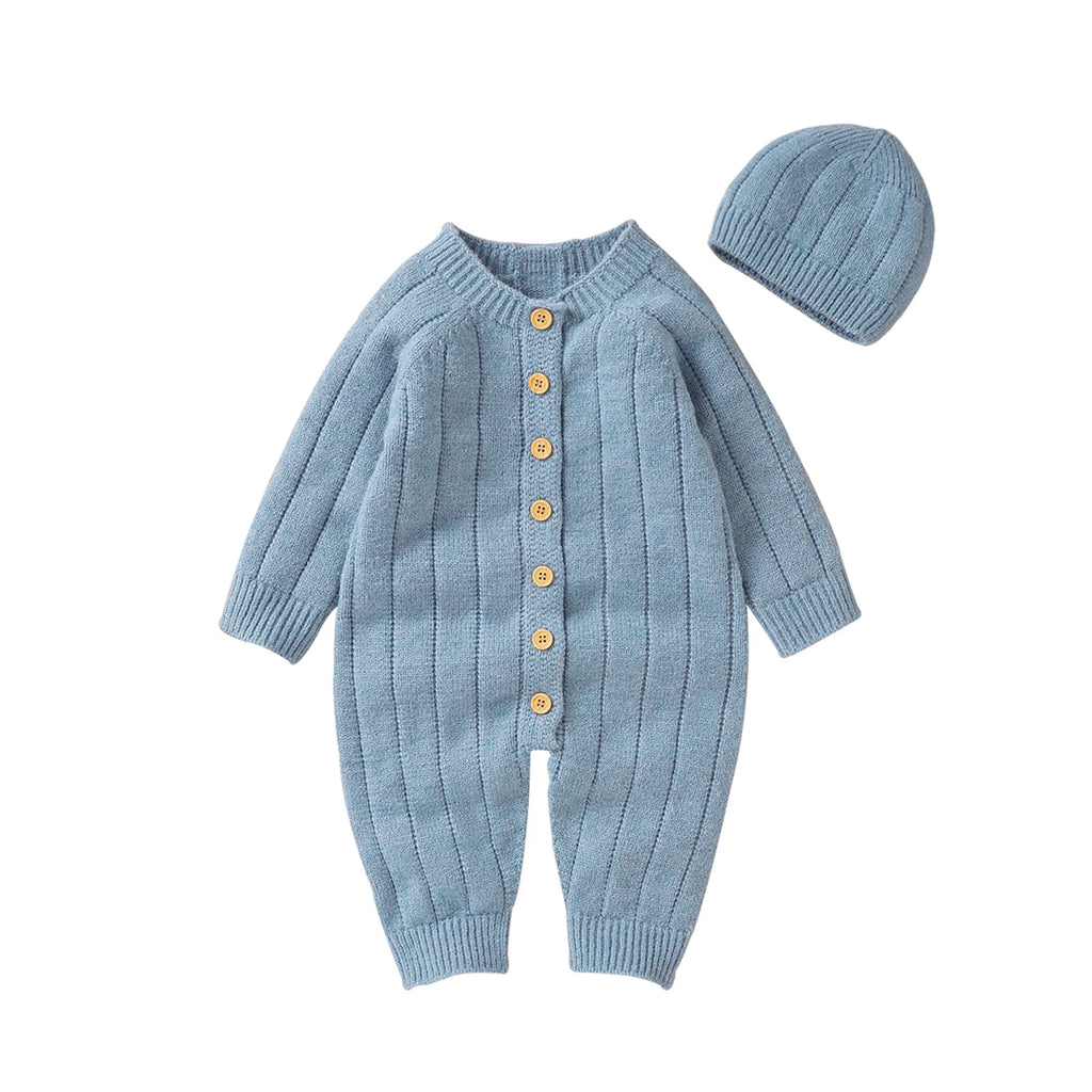 Lioraitiin Infant Jumpsuit and Cap, Solid Color Long Sleeve