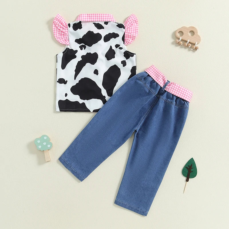 Lioraitiin Baby Girl 2Pcs Western Outfits Fly Sleeve Cow Print Shirt
