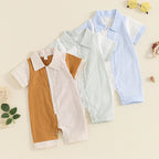 Lioraitiin Baby Boy Jumpsuit Short Sleeve Lapel Collar Stripes Print