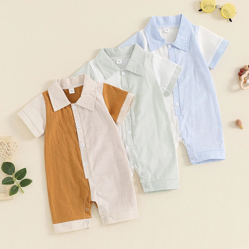 Lioraitiin Baby Boy Jumpsuit Short Sleeve Lapel Collar Stripes Print