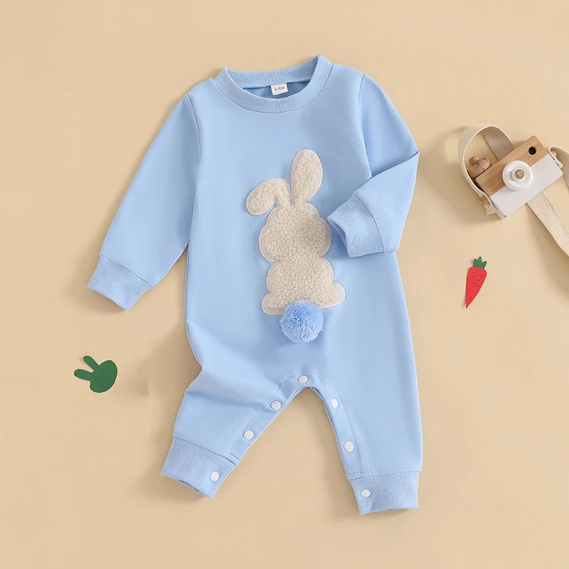 Lioraitiin Baby Girls Boys Easter Rompers Plush Bunny Embroidery Fur