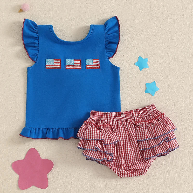 Lioraitiin Baby Girls Independence Day Shorts Sets Short Sleeve Flag