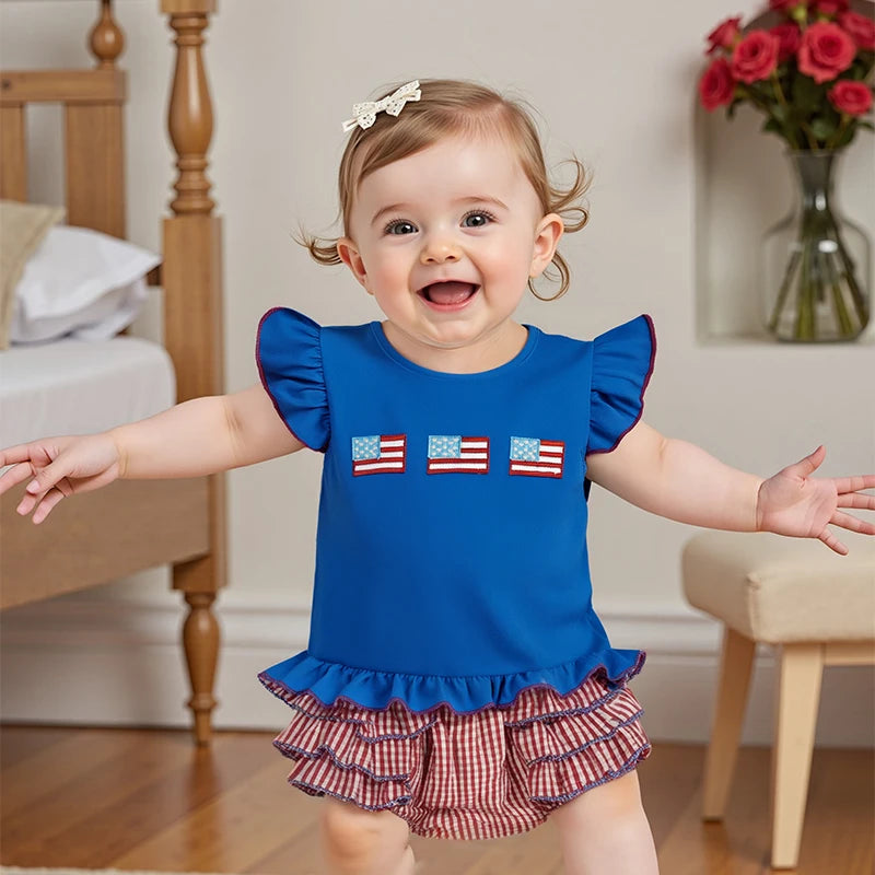 Lioraitiin Baby Girls Independence Day Shorts Sets Short Sleeve Flag