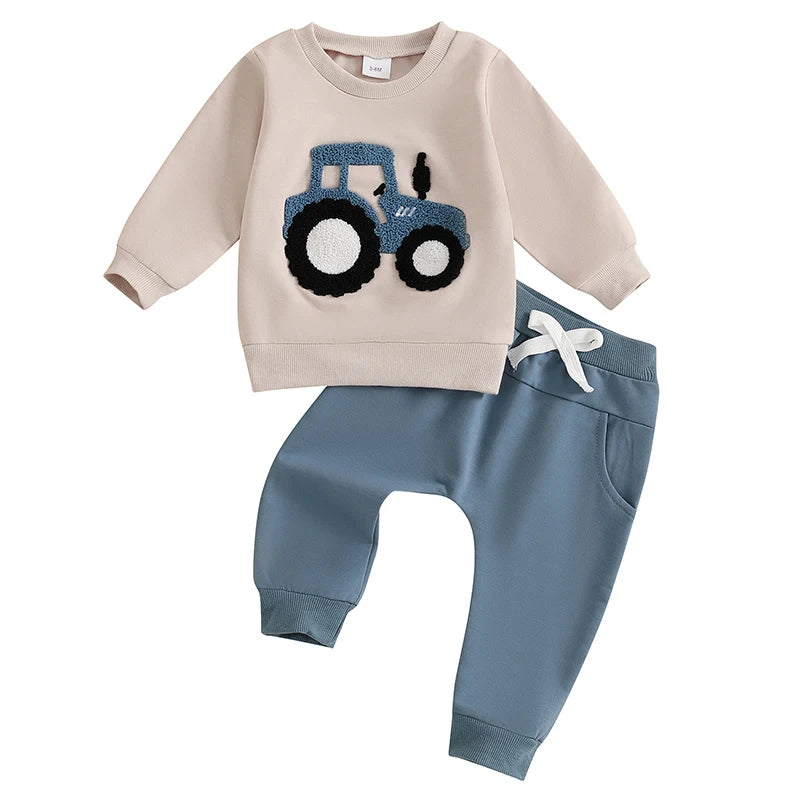 Lioraitiin Toddler Boy Outfits Tractor Embroidery Long Sleeve