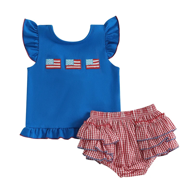 Lioraitiin Baby Girls Independence Day Shorts Sets Short Sleeve Flag