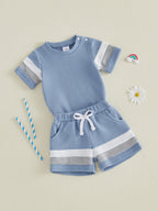 Lioraitiin Baby Boys Sets Fashionable Stripe Trim Short Sleeve Romper