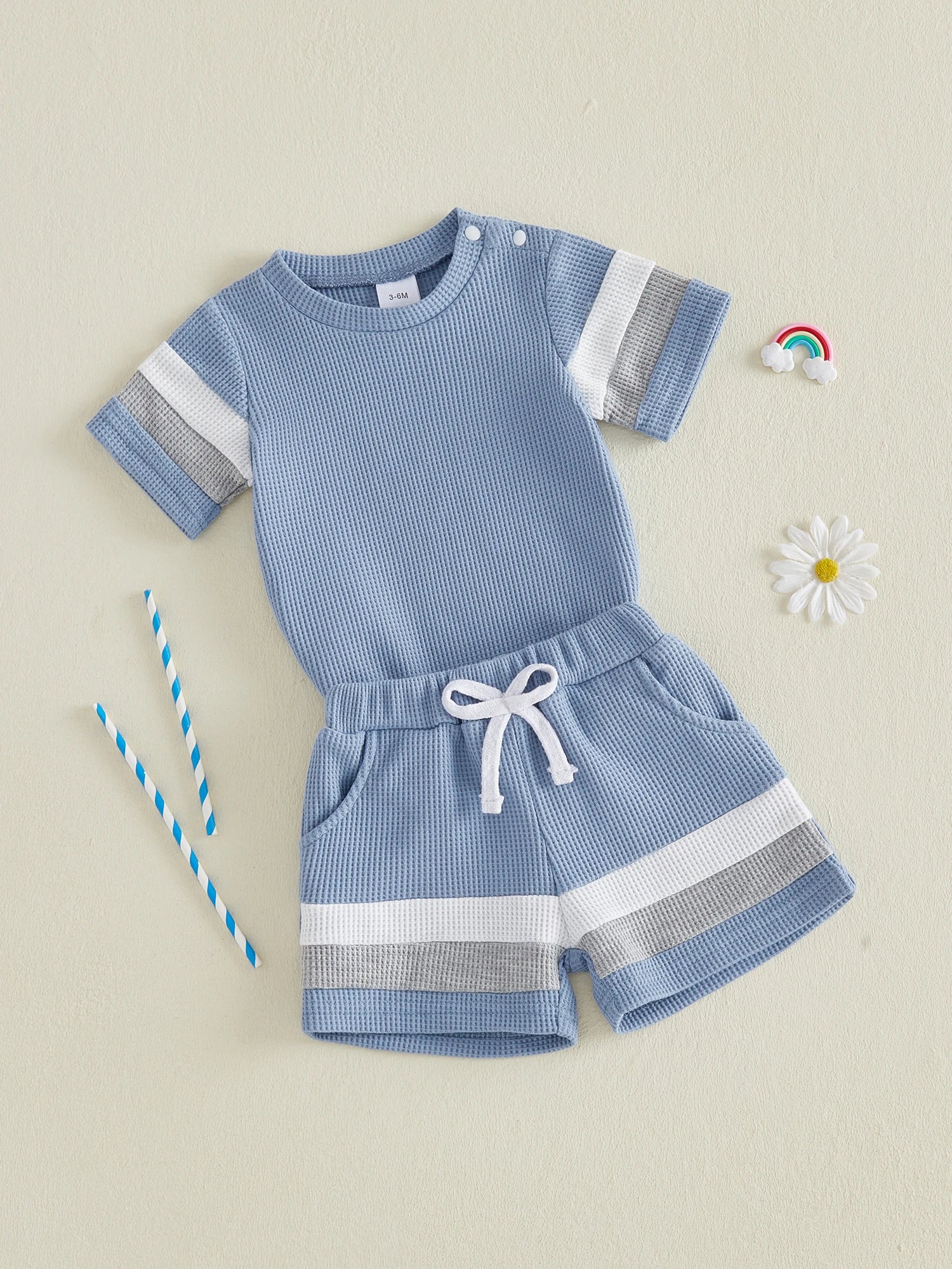 Lioraitiin Baby Boys Sets Fashionable Stripe Trim Short Sleeve Romper