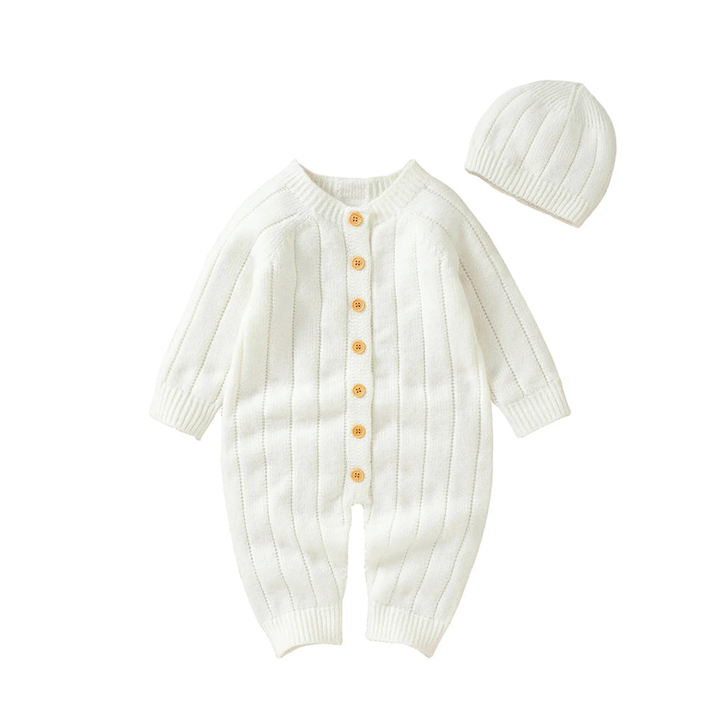 Lioraitiin Infant Jumpsuit and Cap, Solid Color Long Sleeve