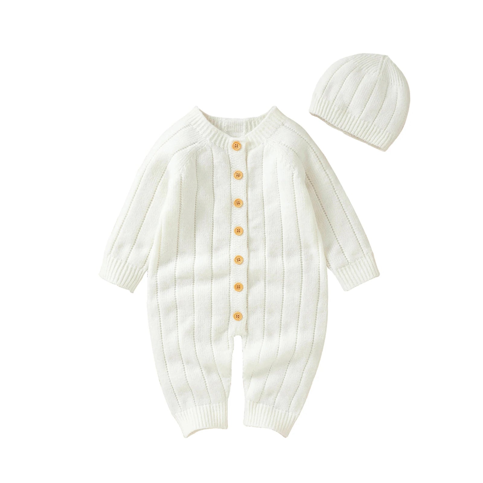 Lioraitiin Infant Jumpsuit and Cap, Solid Color Long Sleeve