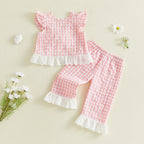 Lioraitiin 2Pcs Toddler Girls Outfits Flying Sleeve Crew Neck Plaid