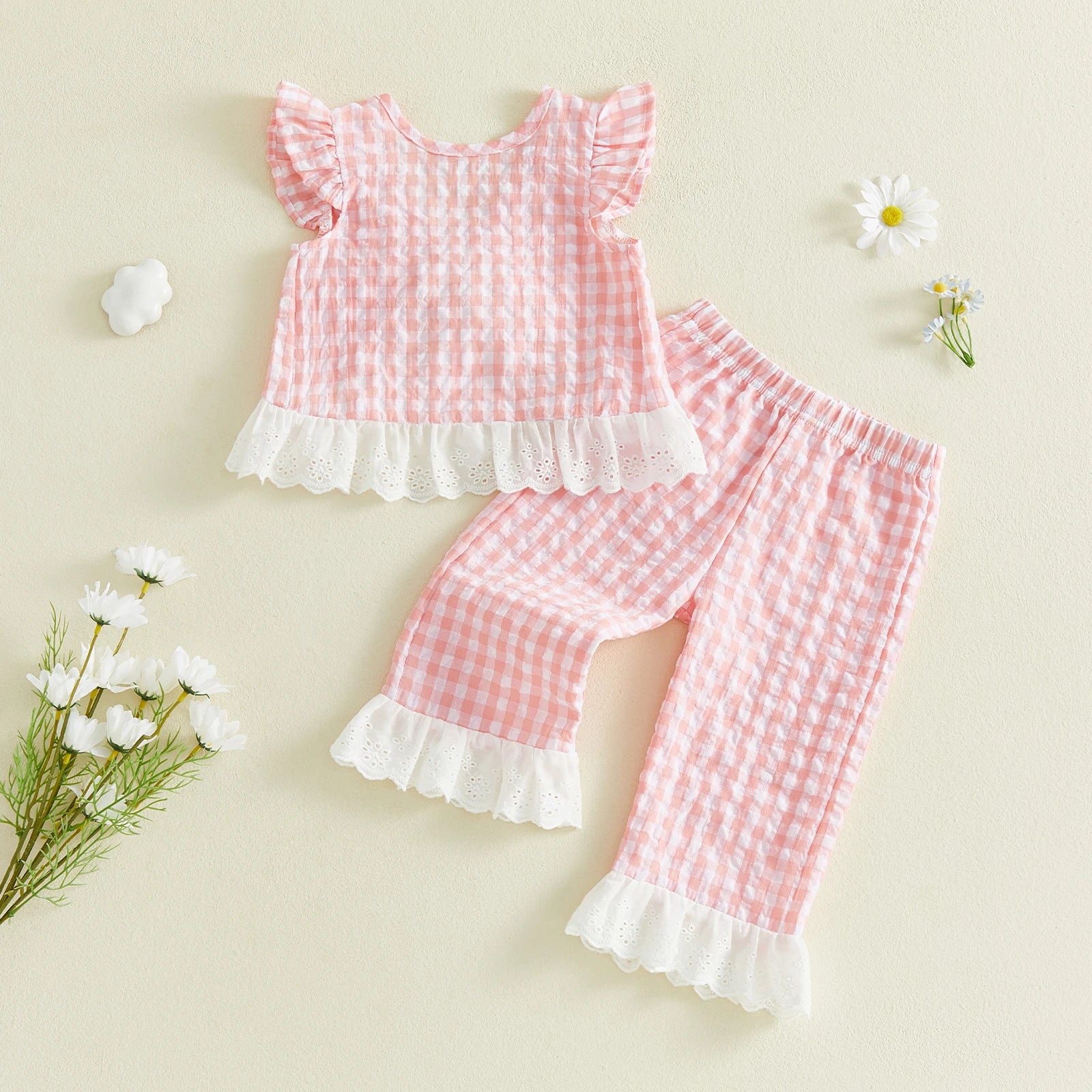 Lioraitiin 2Pcs Toddler Girls Outfits Flying Sleeve Crew Neck Plaid