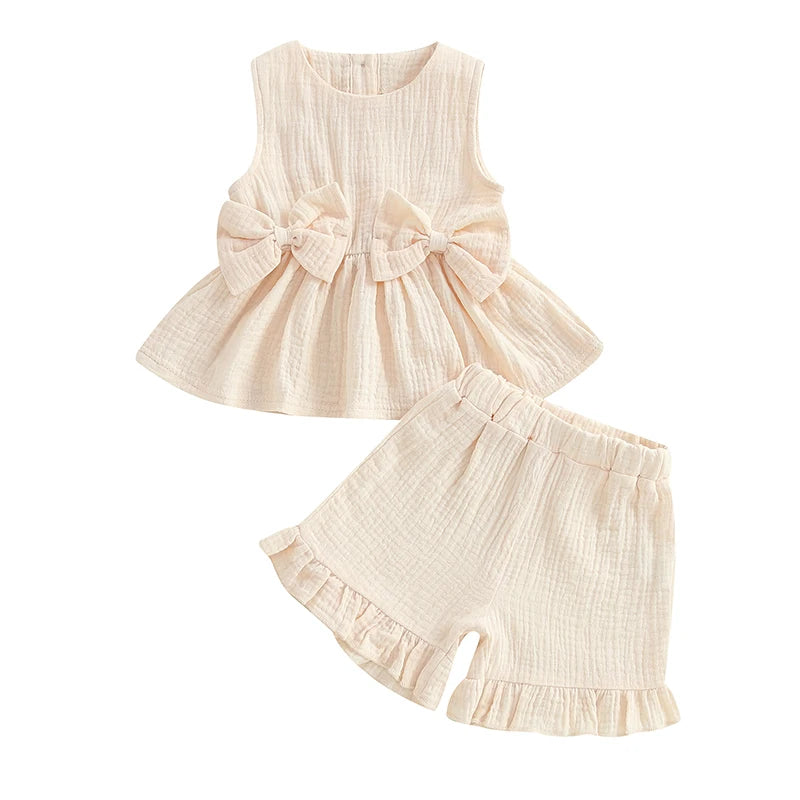 Lioraitiin Toddler Baby Girl Solid Color Bow Round Neck Tank Tops +