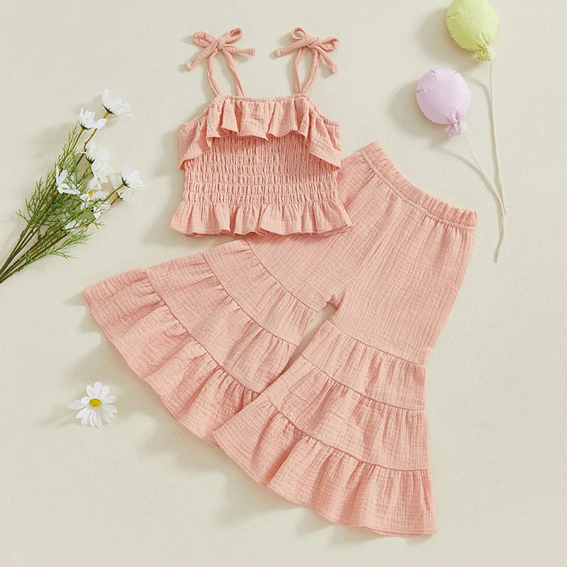 Lioraitiin Toddler Girl Set Sleeveless Smocked Lacing Strap Camisole