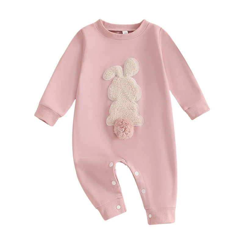 Lioraitiin Baby Girls Boys Easter Rompers Plush Bunny Embroidery Fur