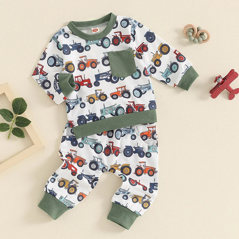 Lioraitiin Baby Boy 2Pcs Farm Outfits Long Sleeve Tractor Print