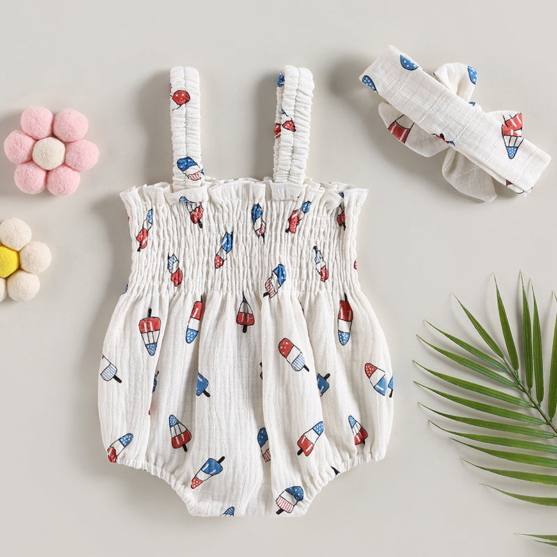 Lioraitiin 0-18M Independence Day Baby Girl Jumpsuit Set Ice Cream