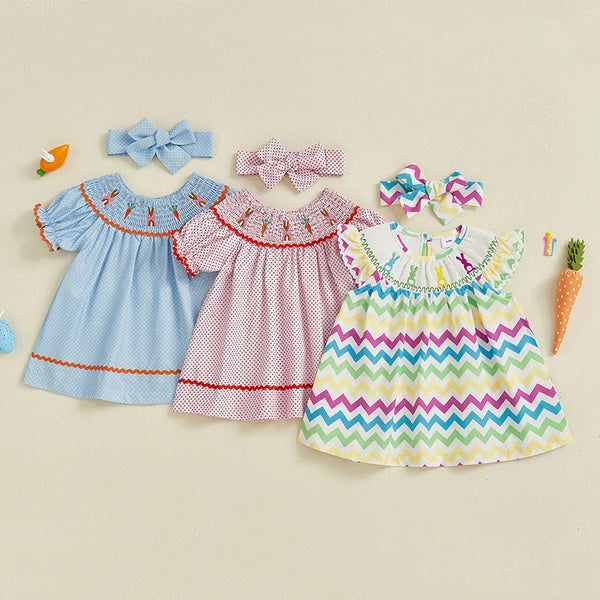Lioraitiin Toddler Girls Easter Dress Rabbit Carrot Embroidery Short
