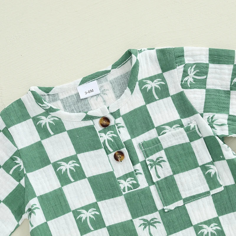Lioraitiin Newborn Baby Boy Romper Short Sleeve Round Neck Checkered
