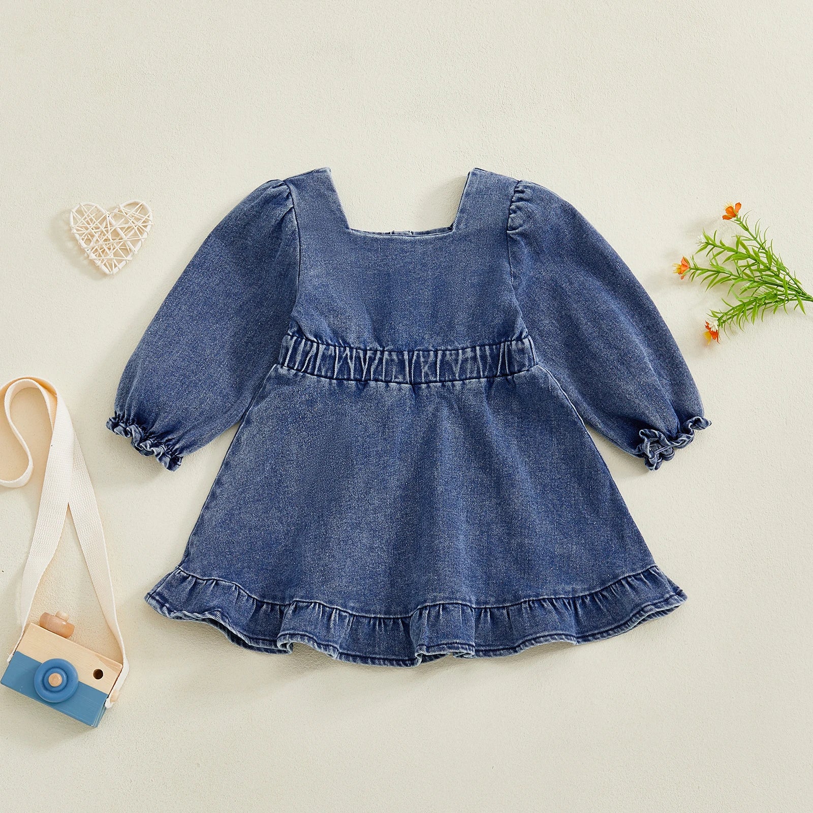 Lioraitiin Toddler Baby Girl Denim Dress Long Puff Sleeve Button Down