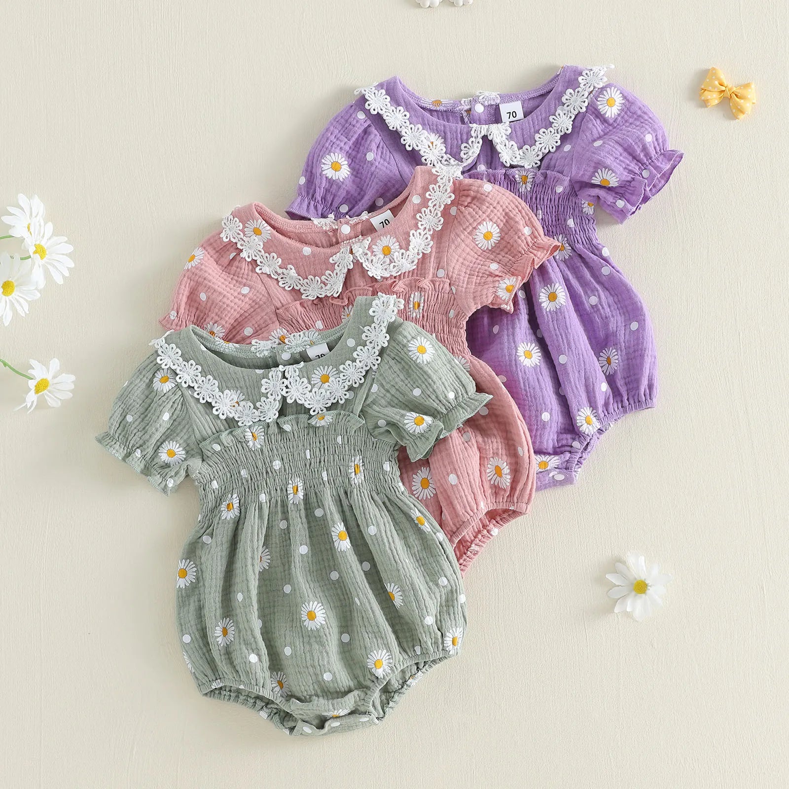 Lioraitiin Infant Baby Girl Romper Puff Short Sleeve Doll Collar