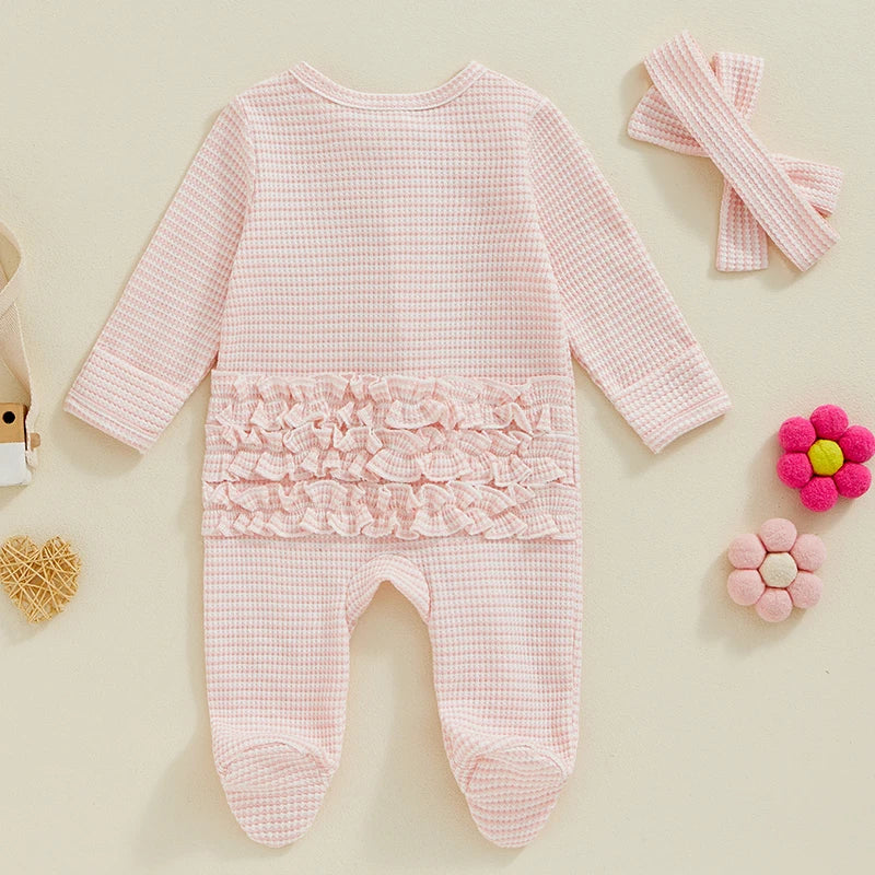 Lioraitiin Baby Girls Footies Rompers Stripe Print Round Neck Ruffles