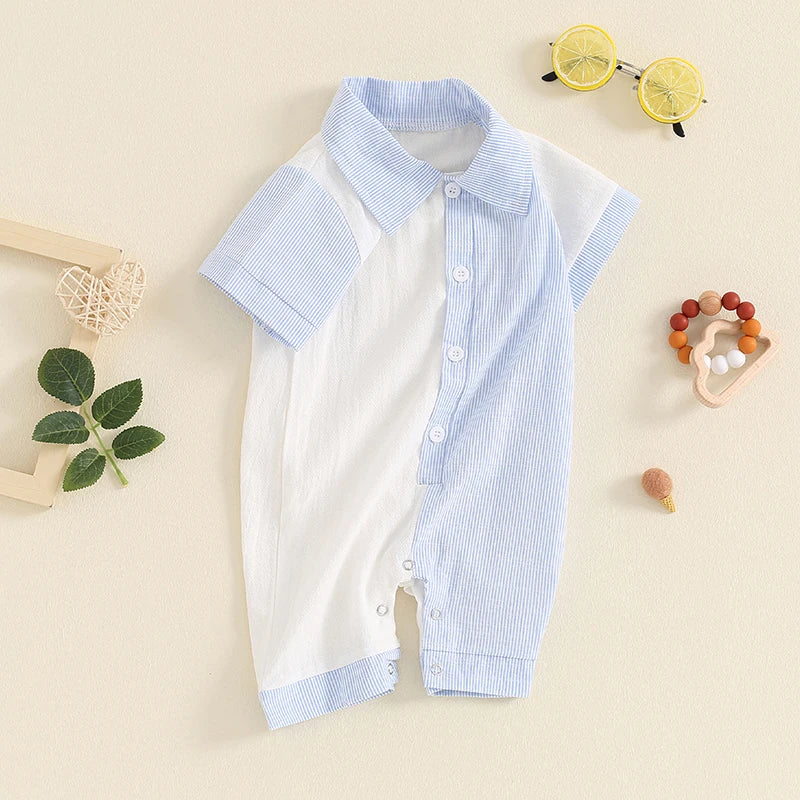 Lioraitiin Baby Boy Jumpsuit Short Sleeve Lapel Collar Stripes Print