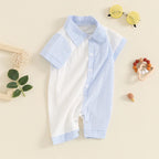 Lioraitiin Baby Boy Jumpsuit Short Sleeve Lapel Collar Stripes Print