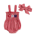 Lioraitiin Baby Girl July 4th Outfit Plaid Letter Embroidery Shirred