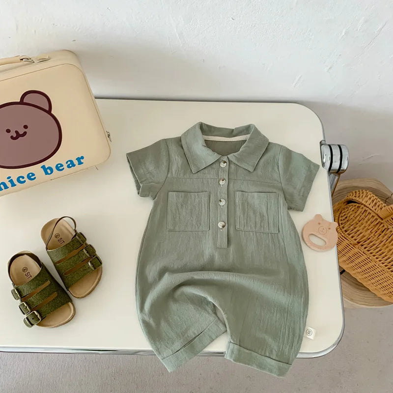 Lioraitiin Baby Boy Jumpsuit Short Sleeve Lapel Button Up Solid Color