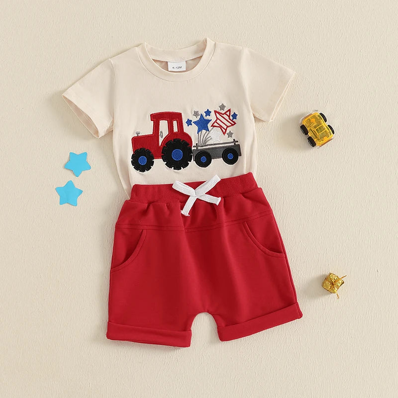 Lioraitiin Toddler Baby Boy 4th of July Outfit Star Truck Embroidery