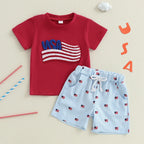 Lioraitiin Baby Boys Patriotic Outfits Flag Embroidery Short Sleeves