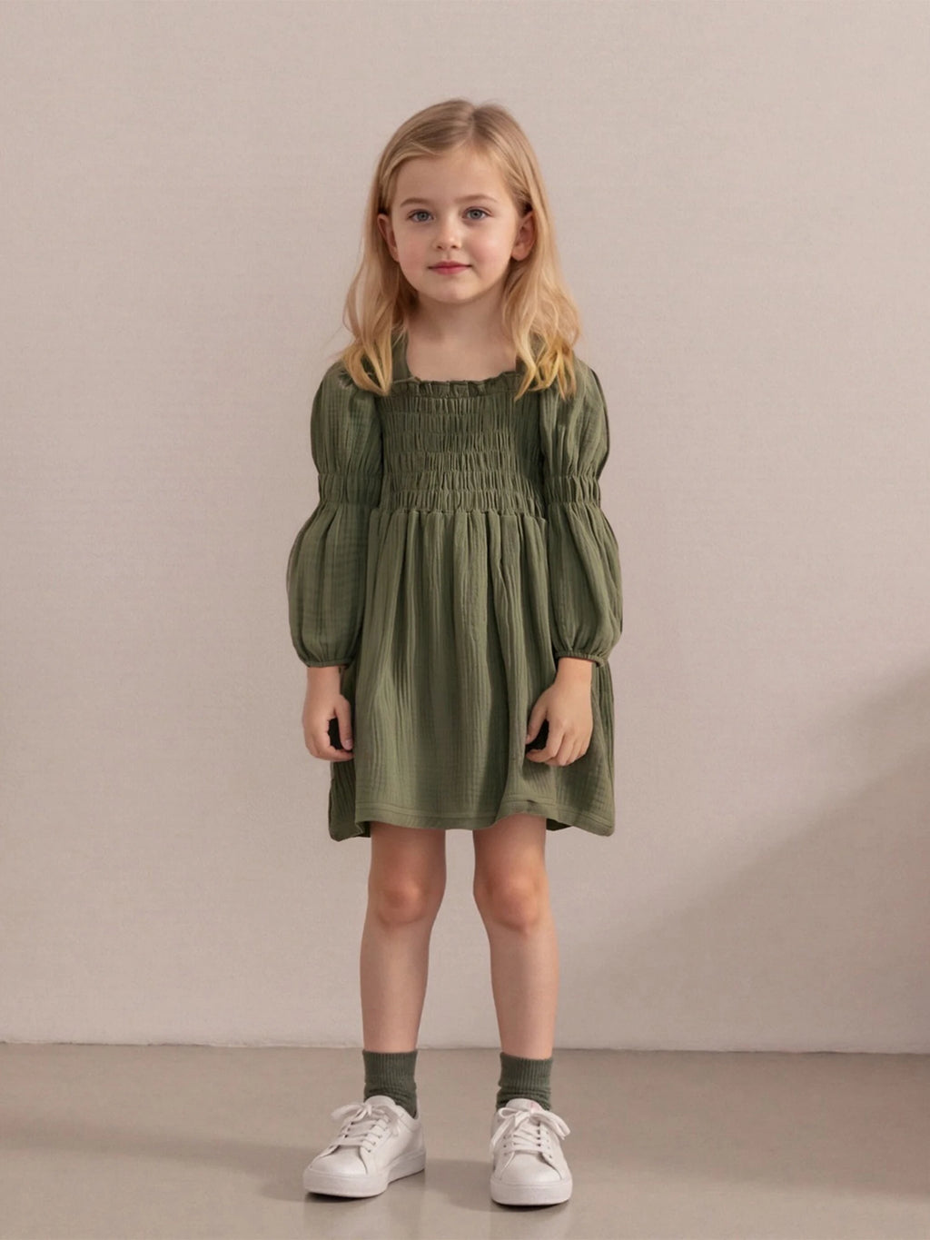 Lioraitiin Toddler Girl Bubble Sleeve Dress Stylish Solid Smocked