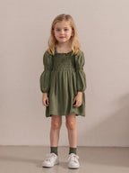 Lioraitiin Toddler Girl Bubble Sleeve Dress Stylish Solid Smocked