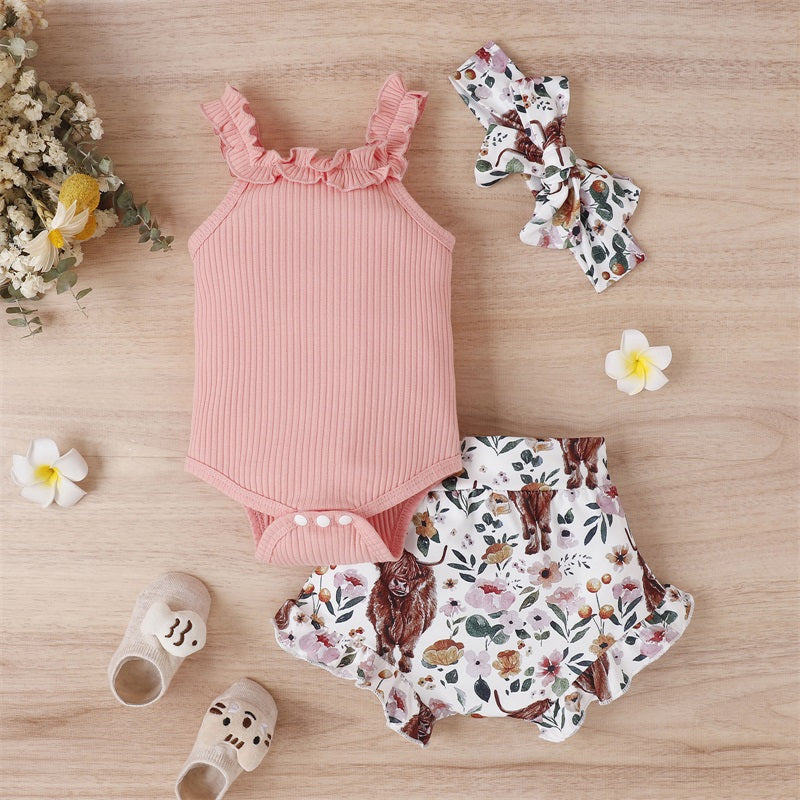 Lioraitiin 0-18M Infant Baby Girl 3Pcs Off Shoulder Romper Tops Bull